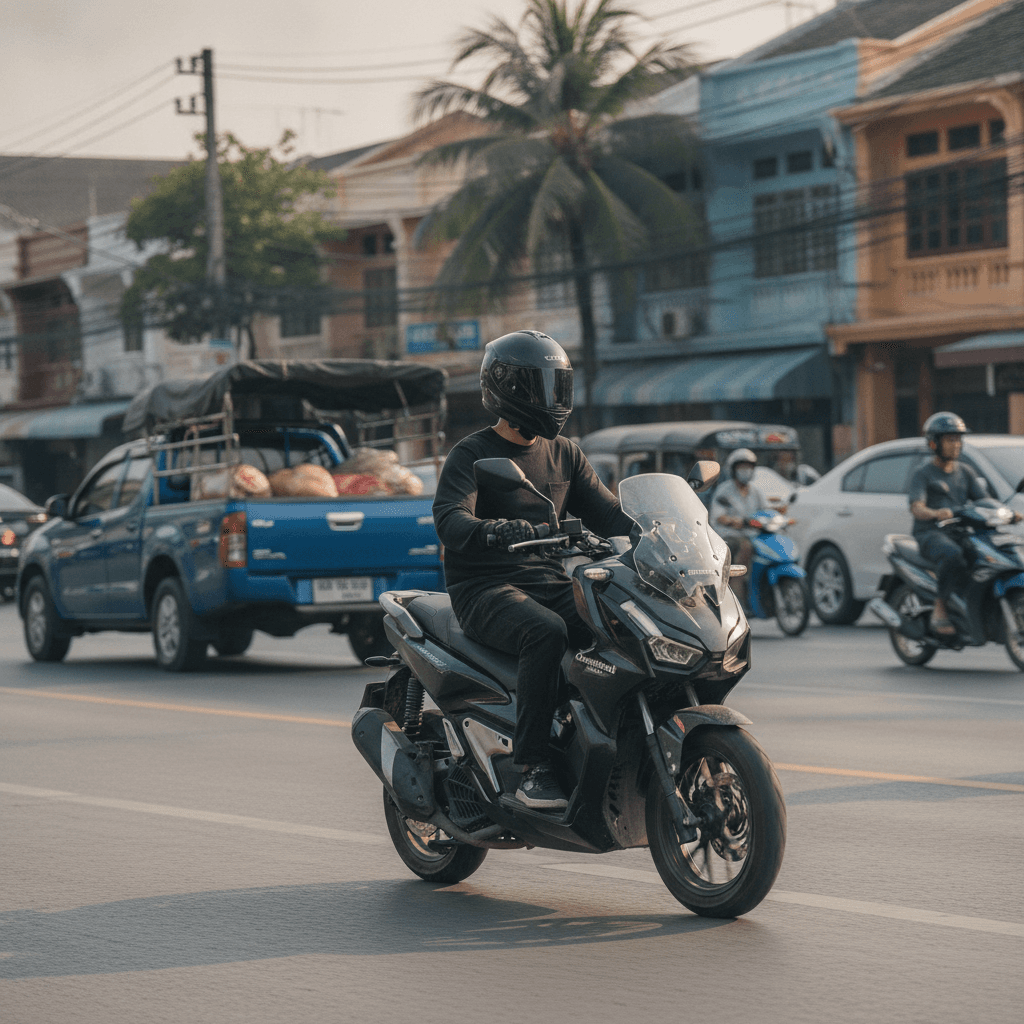 Мотоцикл Changthai Rentals на дороге Пхукета, движущийся за грузовиком с грузом