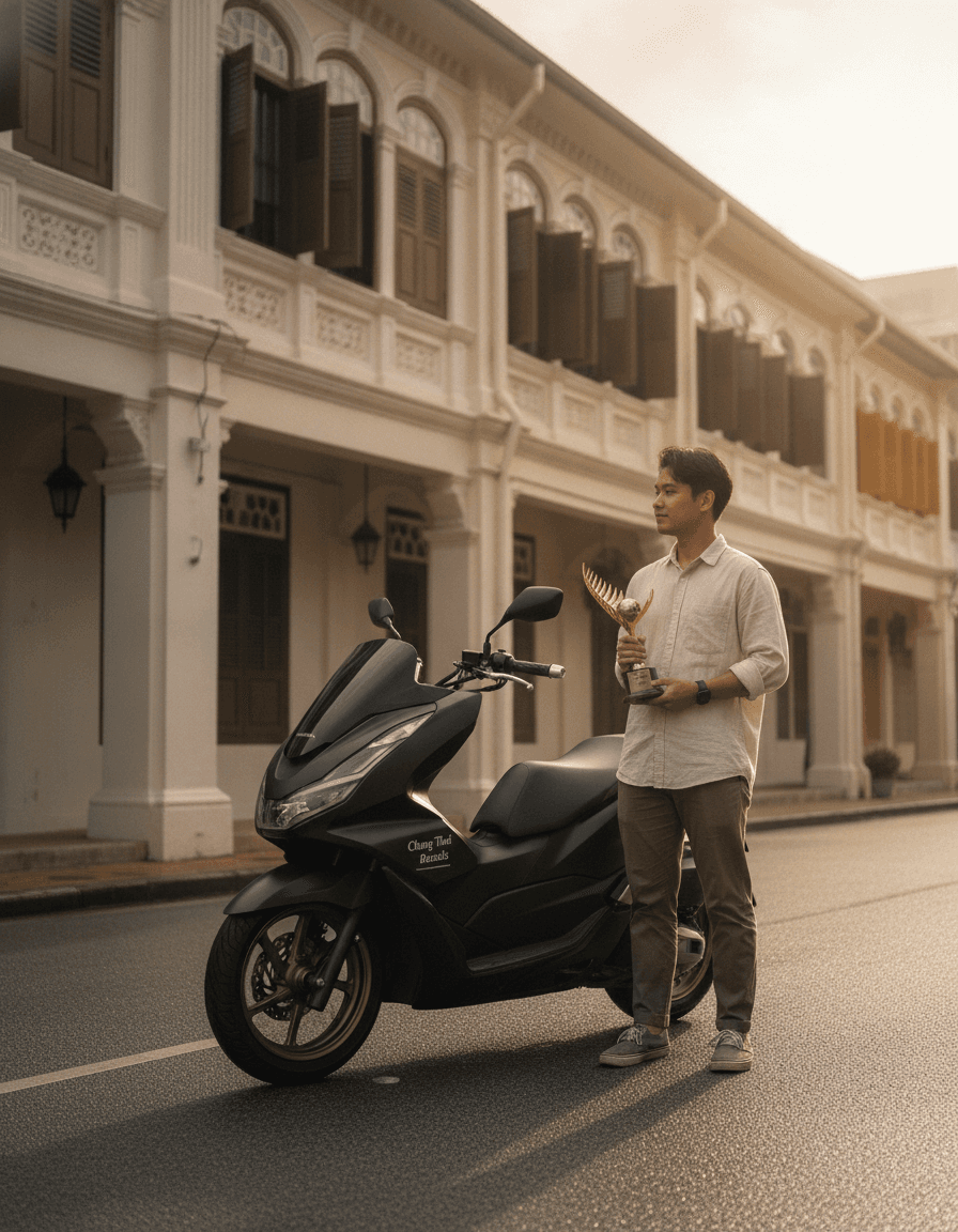 Турист на байке Honda Click исследует старый город Пхукета с его сино-португальской архитектурой.