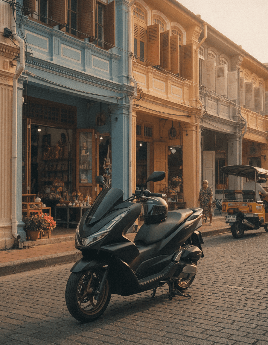Карта Пхукета с отмеченными точками проката Chang Thai Rentals и изображениями байков.