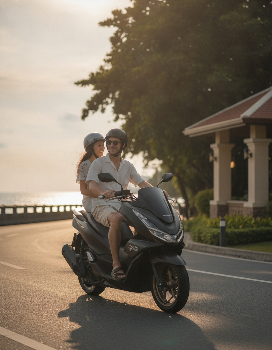 Турист на скутере Honda PCX 160 проезжает по живописной дороге на Пхукете на фоне моря.