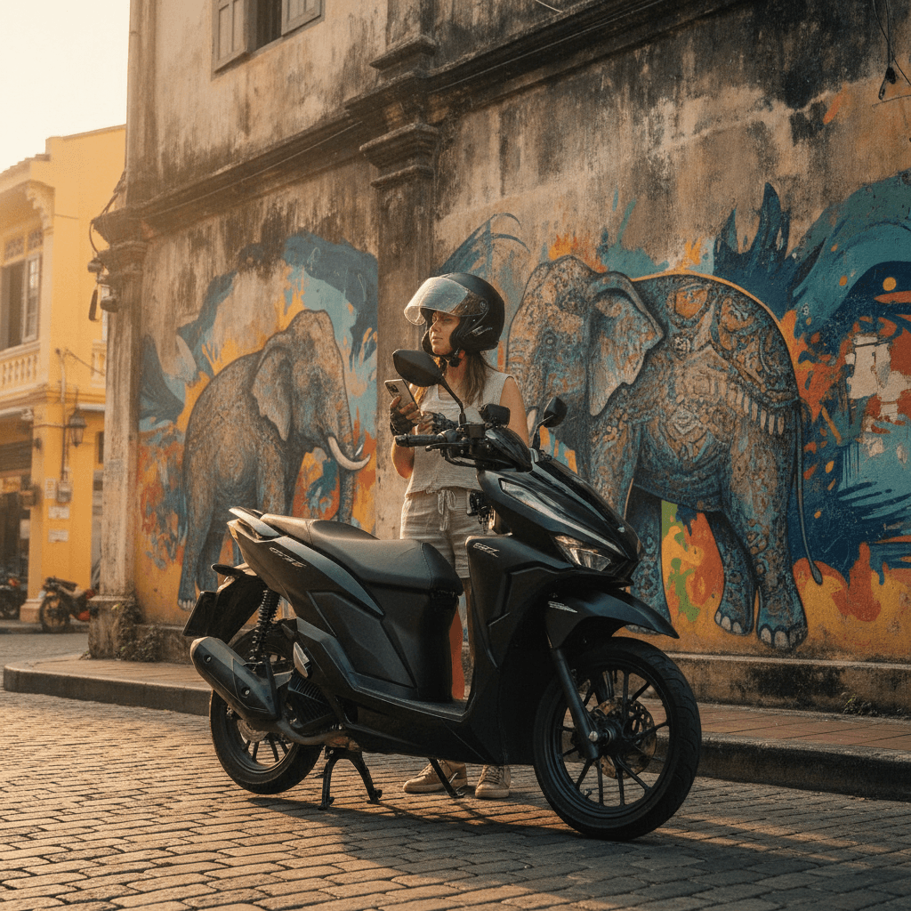 Девушка на скутере Honda PCX 160 на фоне старого города Пхукета, исследующая культурные достопримечательности.