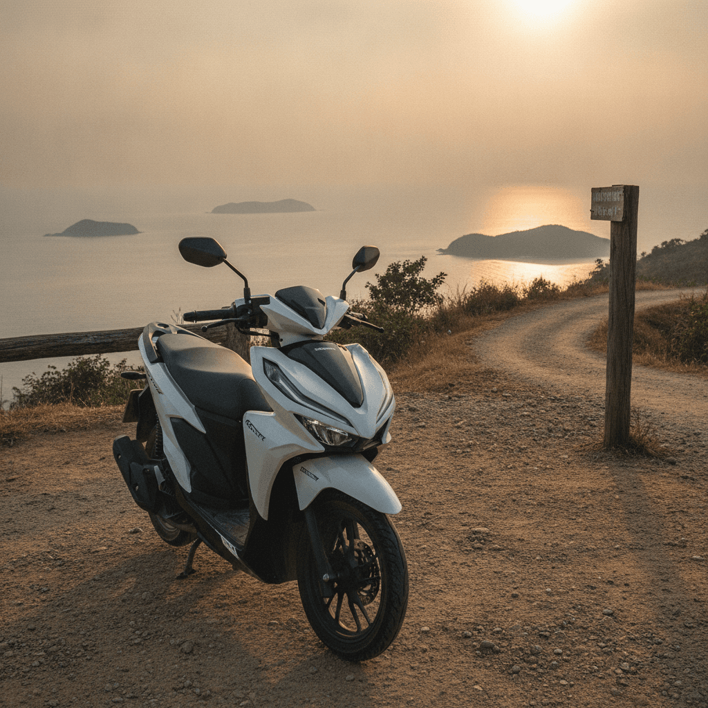 Мотобайк Honda Click у закрытой дороги на Пхукете, знак 'Частная собственность'.
