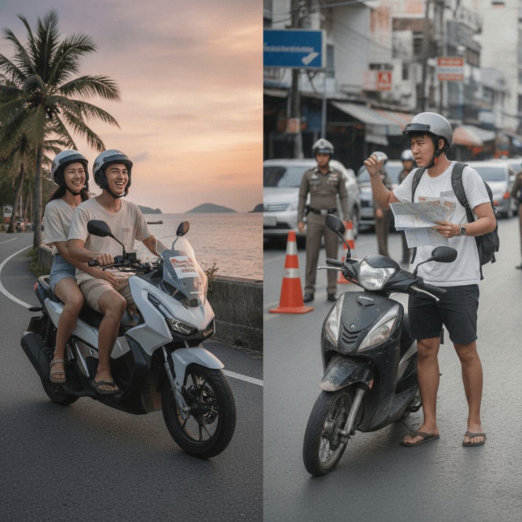 Байк Honda Click 125i, припаркованный на фоне живописного пляжа Пхукета, ждет своего арендатора.