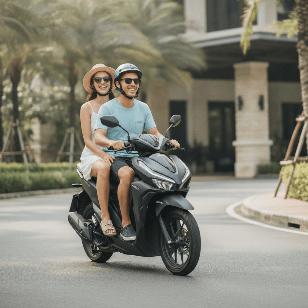 Мотоцикл Honda Click 125i на фоне красивого пляжа Пхукета и гостиницы с лицензией.