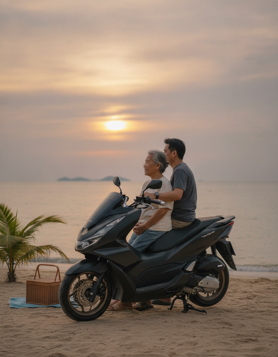 Счастливая пара на скутере Honda ADV 160 едет по живописной дороге Пхукета на закате.