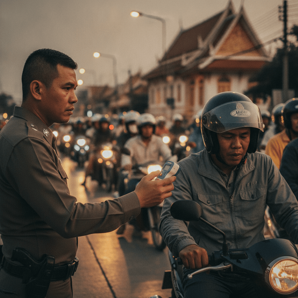 Phuket police officer checking documents of a motorbike rider at a checkpoint.