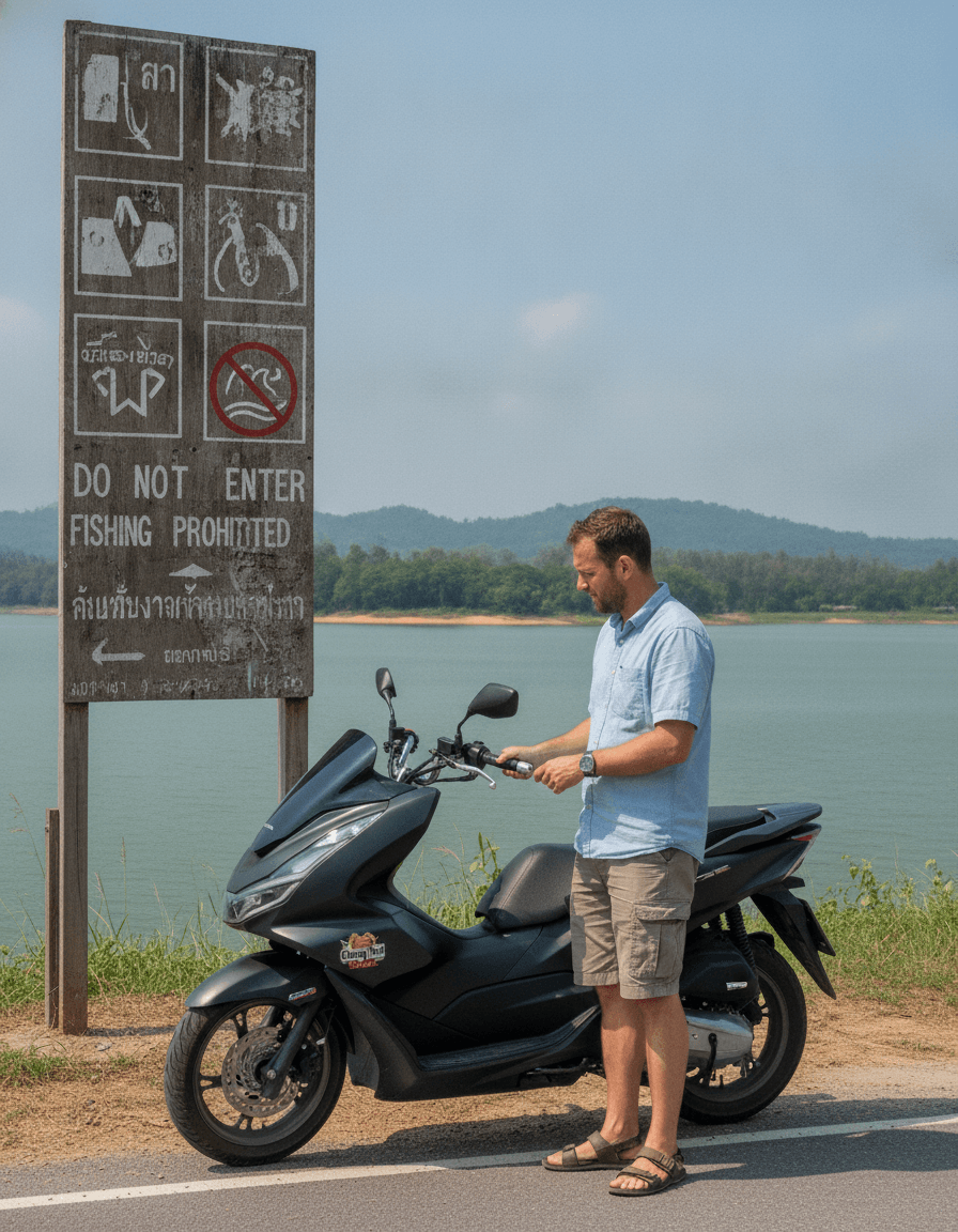 Foreigner on a scooter examining a warning sign near a dam in Phuket with a translation app.