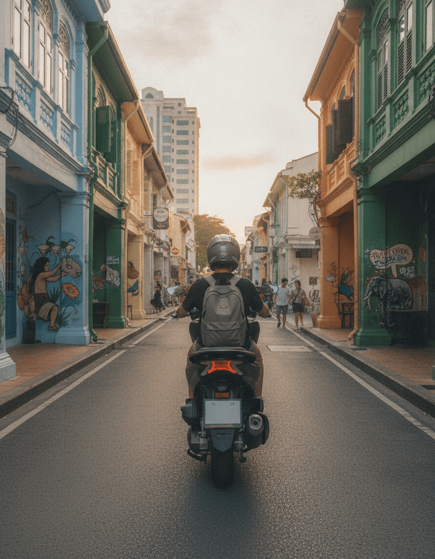A woman on a Honda PCX 160 motorbike rides past street art in Phuket Old Town.