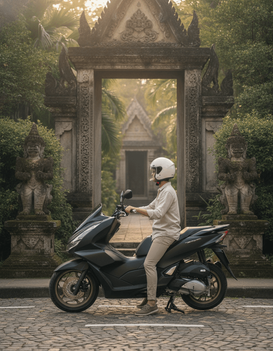 Tourist on a Chang Thai Rentals motorbike passing a Thai temple, demonstrating respect for local culture.