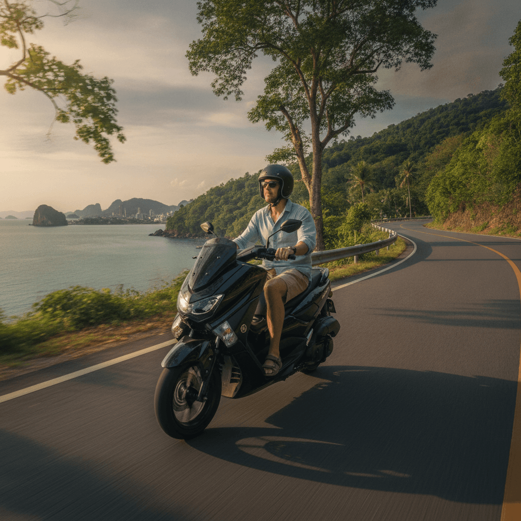 Иностранец арендует красный скутер Honda Click в Chang Thai Rentals на Пхукете.
