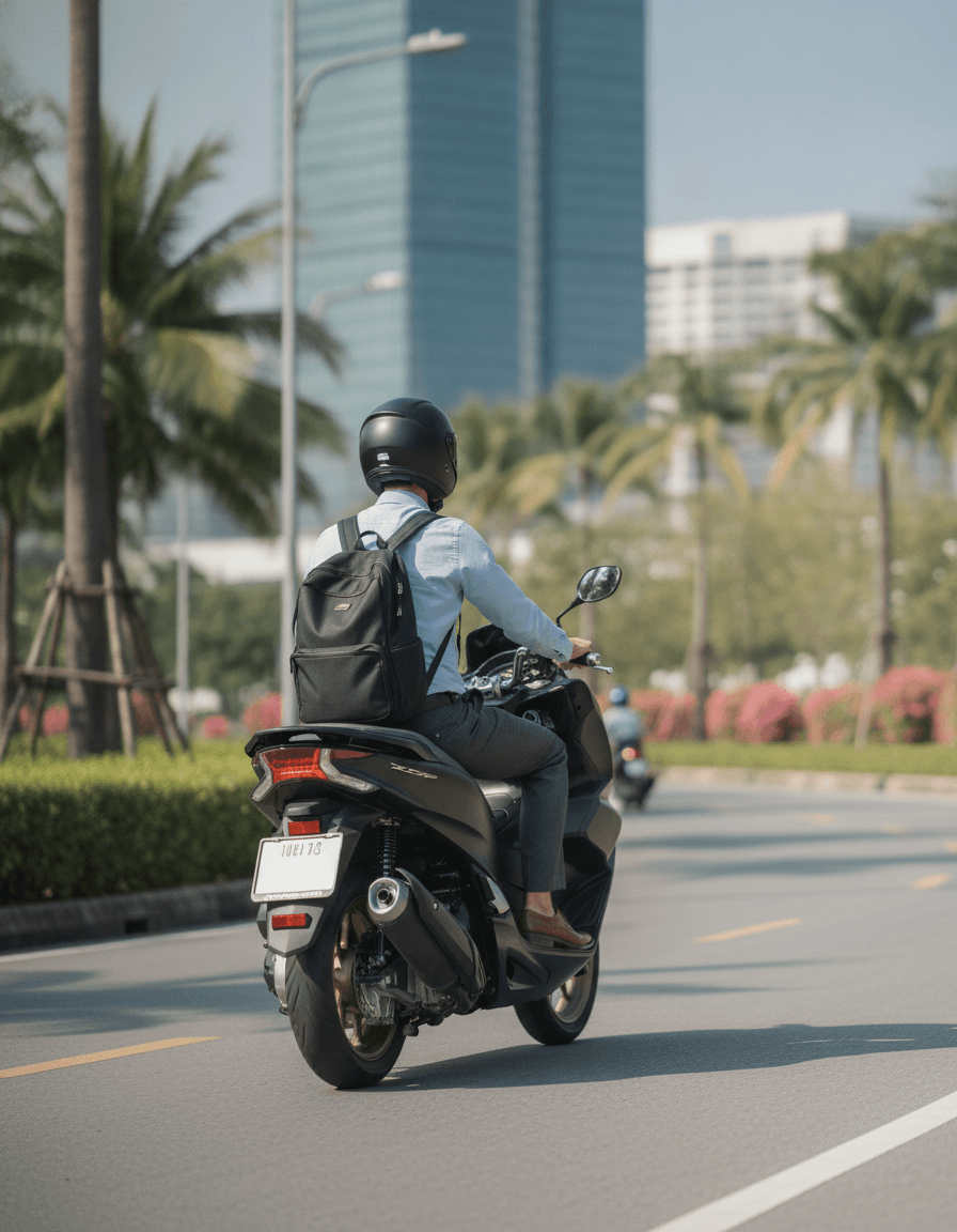 Бизнес-делегат на скутере Honda PCX 160 на фоне пальм и пляжа Пхукета