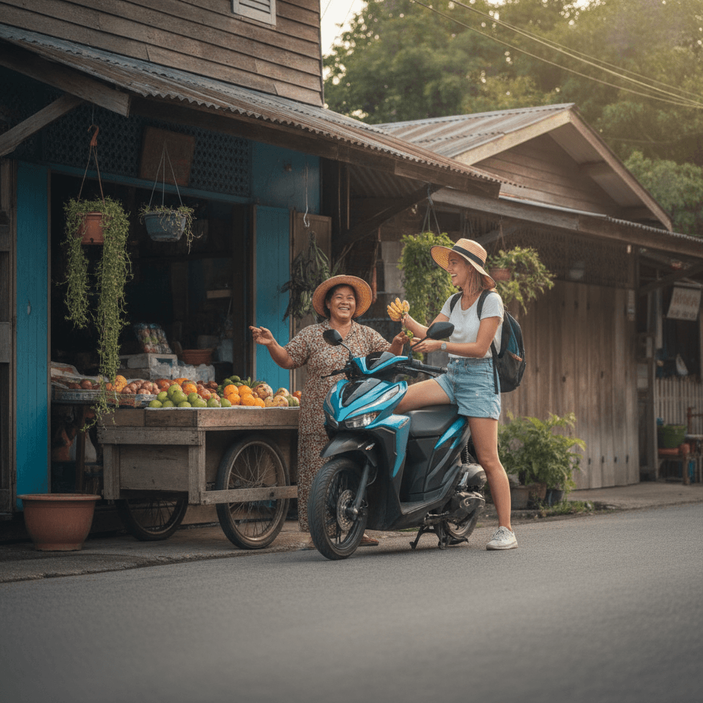 Турист на мотобайке Honda Click на фоне пляжа на Пхукете, наслаждающийся поездкой.