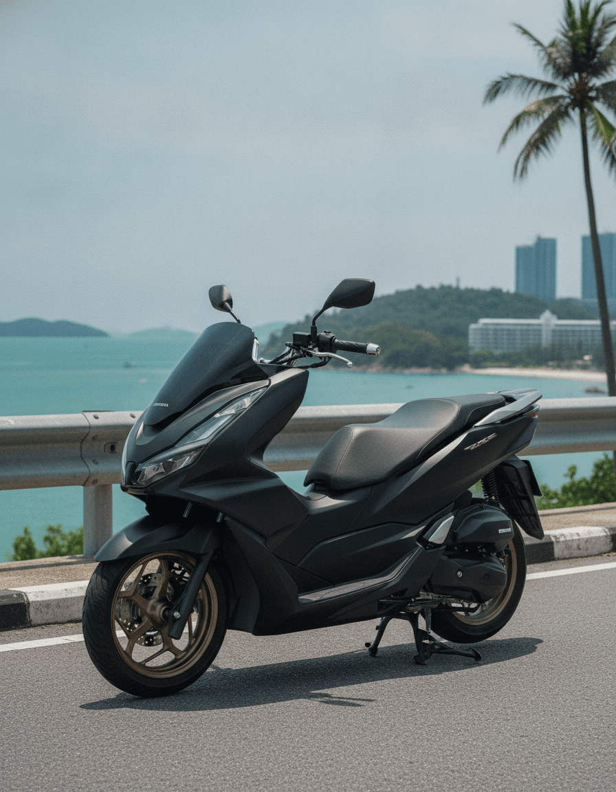 Пара туристов исследует пляж на Пхукете на скутере Honda ADV 350 от Changthai Rentals, на фоне тропической природы.