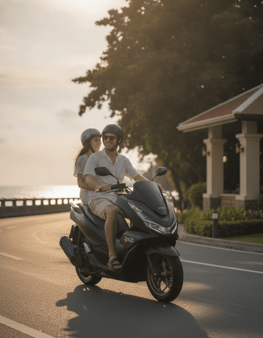 Турист на скутере Honda PCX 160 проезжает по живописной дороге на Пхукете на фоне моря.