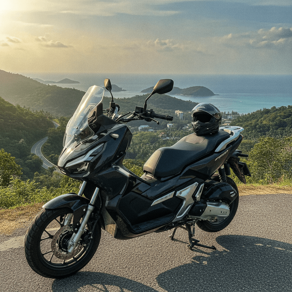 Мотоцикл Honda Click 160, припаркованный на фоне живописного пляжа Пхукета, ждет арендатора.
