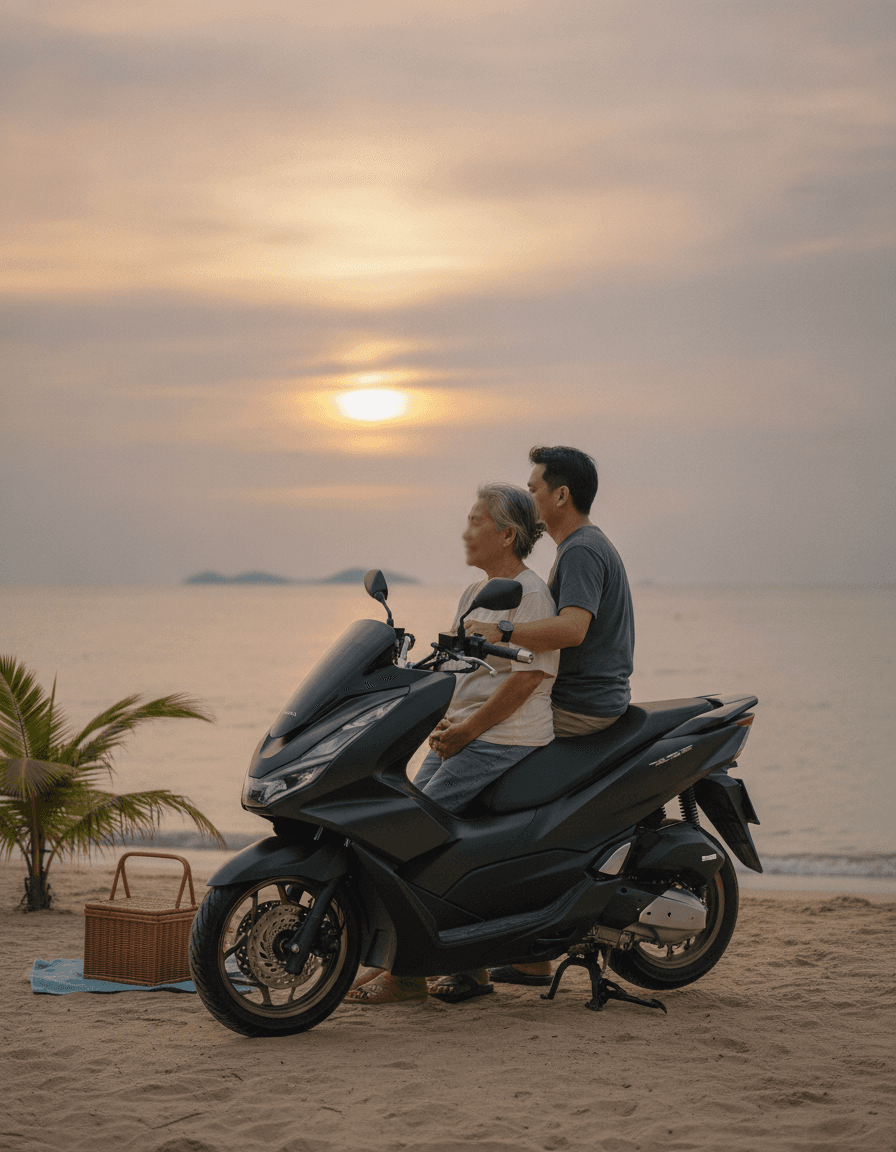 Счастливая пара на скутере Honda ADV 160 едет по живописной дороге Пхукета на закате.